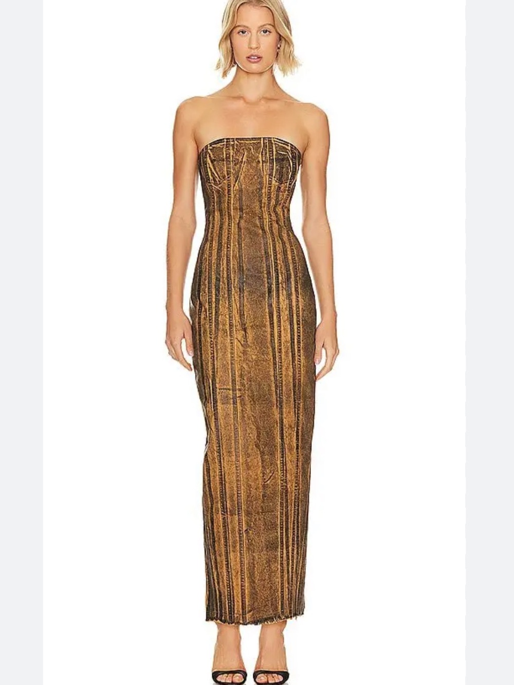 NWT H:OURS Dahlila Strapless Maxi Coated Vintage Brown Denim Frayed Dress XS